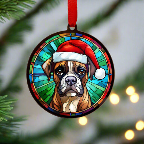 Boxer in Santa Hat Suncatcher Decoration